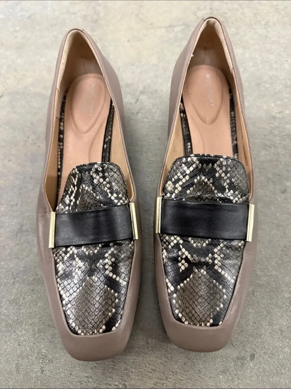 Rockport Taupe Loafers with Snake-Print Vamp and Black Strap